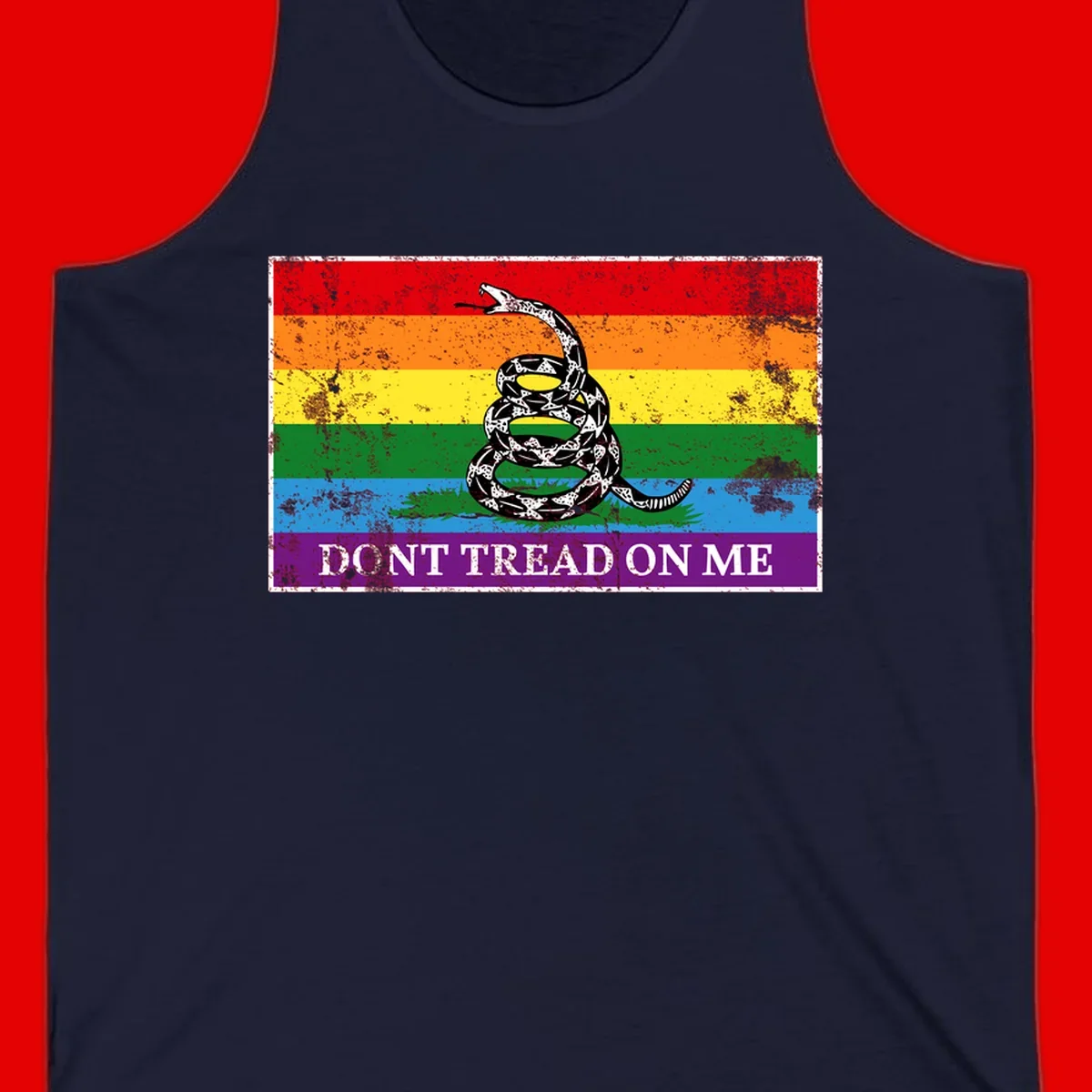 Rainbow pride flag with coiled snake and 'Don't Tread On Me' text - don't tread pride snake design