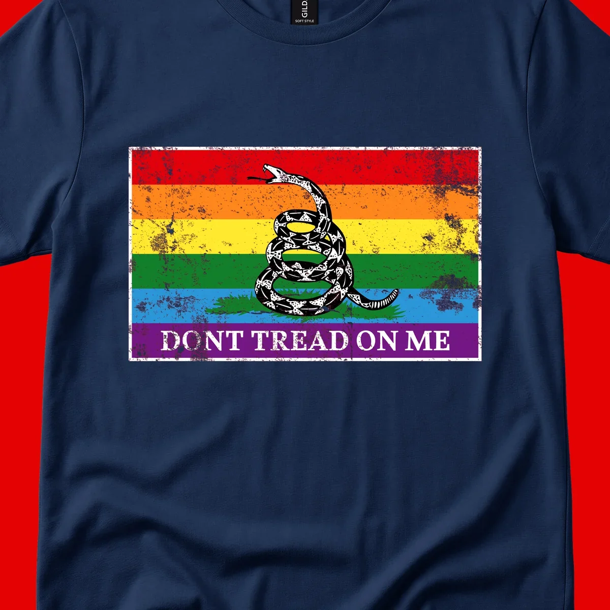 Rainbow pride flag with coiled snake and 'Don't Tread On Me' text - don't tread pride snake design