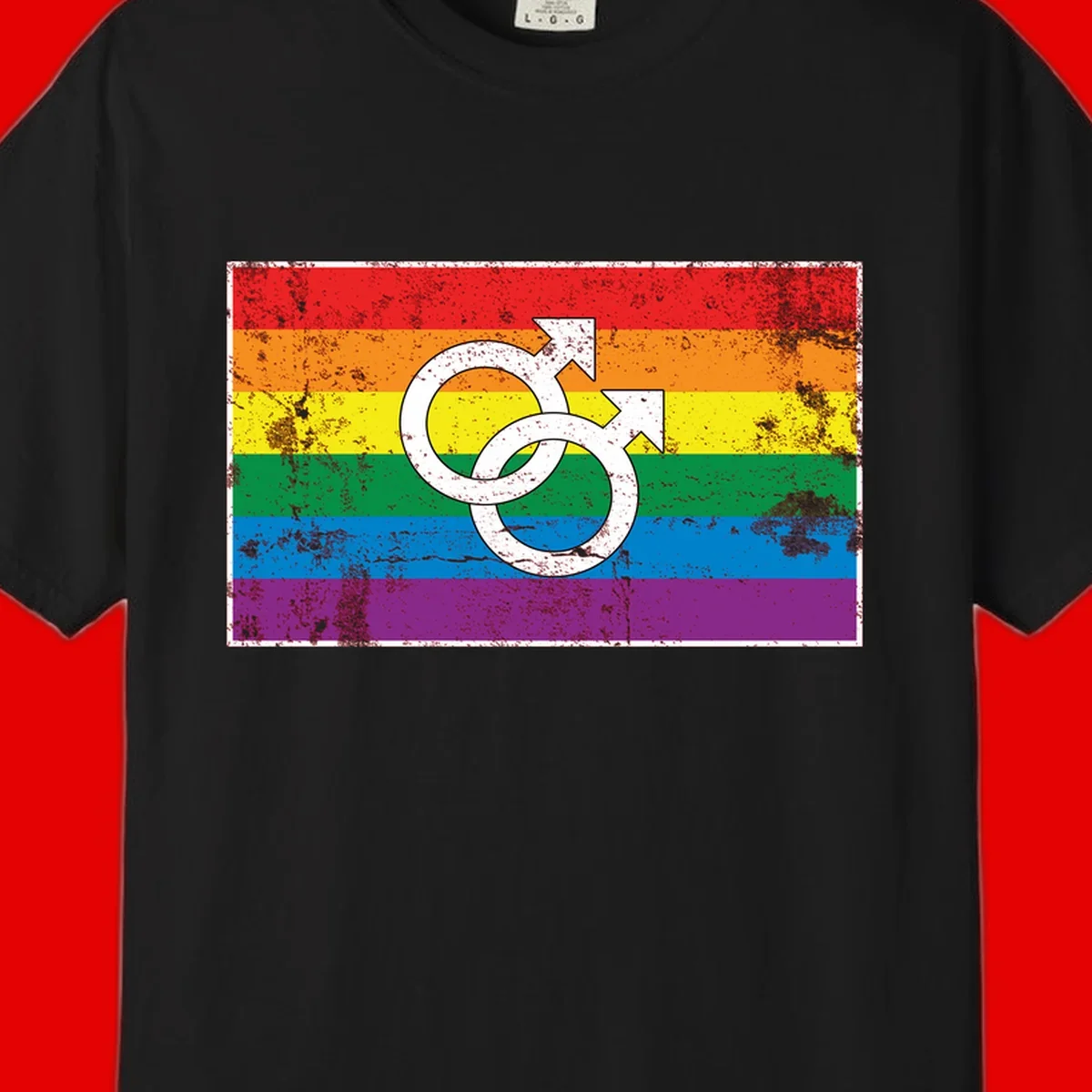 Two interlocking white male symbols overlaid on a distressed rainbow pride flag with horizontal stripes