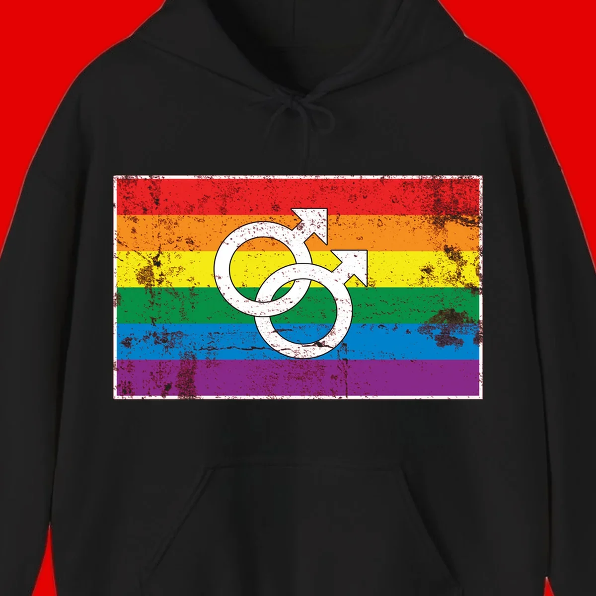 Two interlocking white male symbols overlaid on a distressed rainbow pride flag with horizontal stripes
