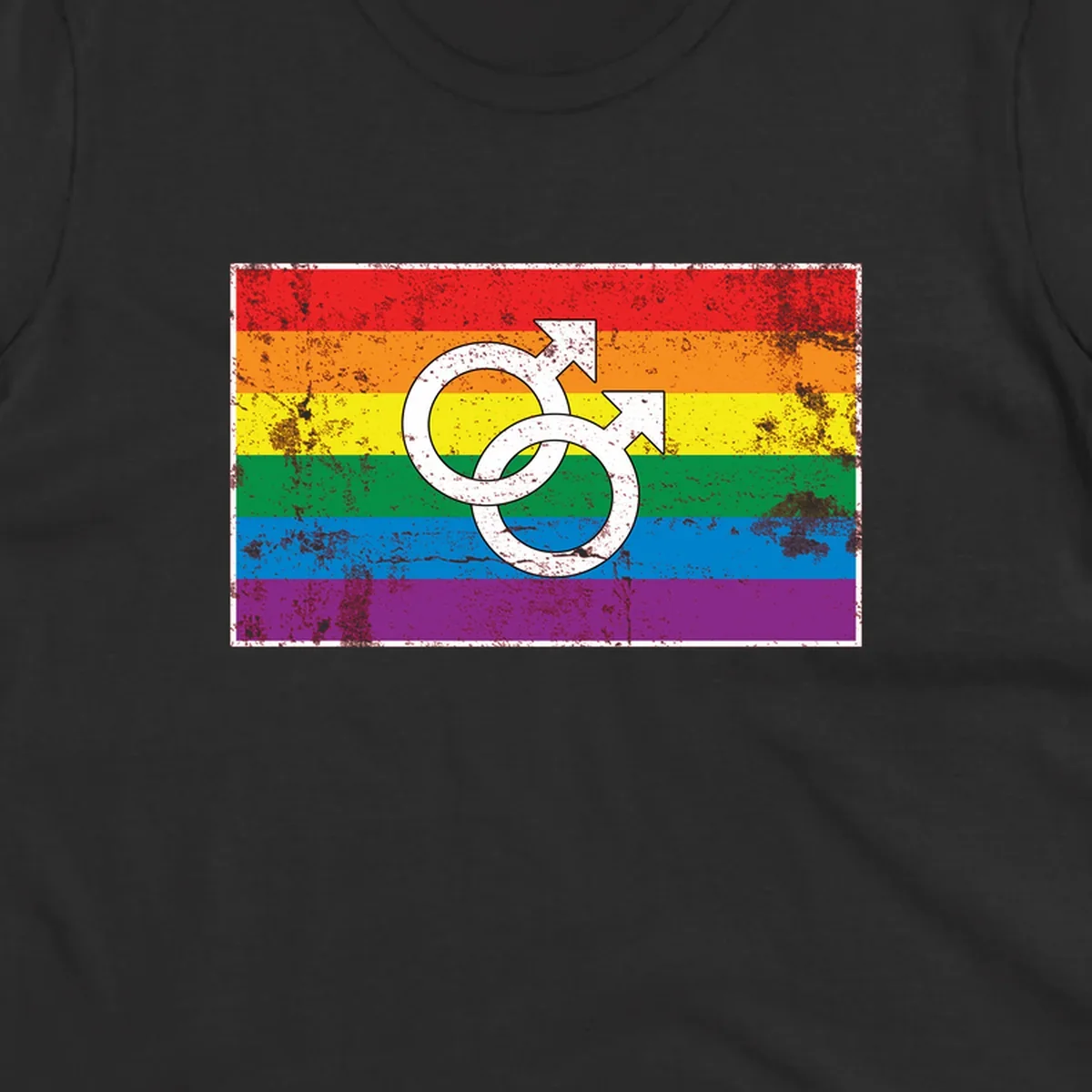 Two interlocking white male symbols overlaid on a distressed rainbow pride flag with horizontal stripes