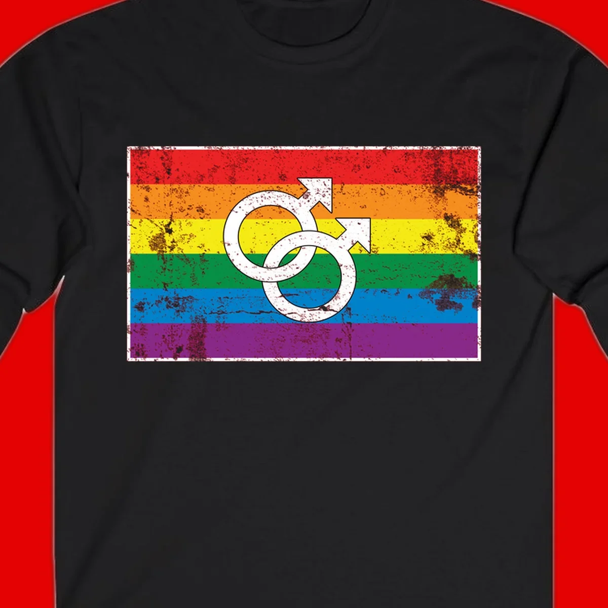 Two interlocking white male symbols overlaid on a distressed rainbow pride flag with horizontal stripes