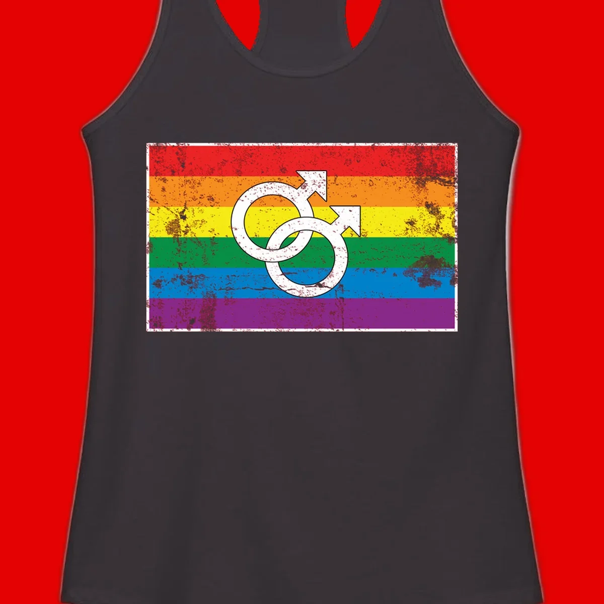 Two interlocking white male symbols overlaid on a distressed rainbow pride flag with horizontal stripes