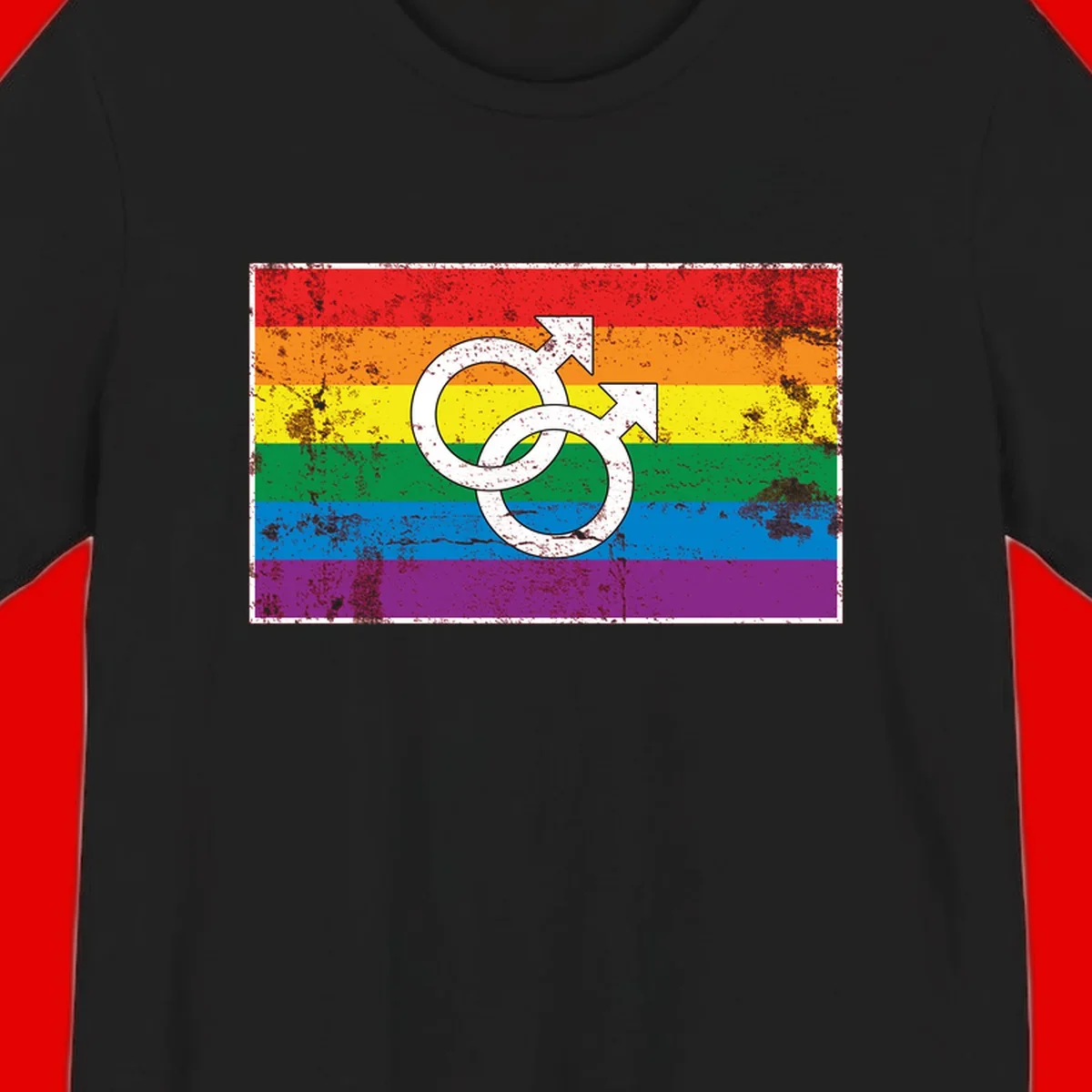 Two interlocking white male symbols overlaid on a distressed rainbow pride flag with horizontal stripes