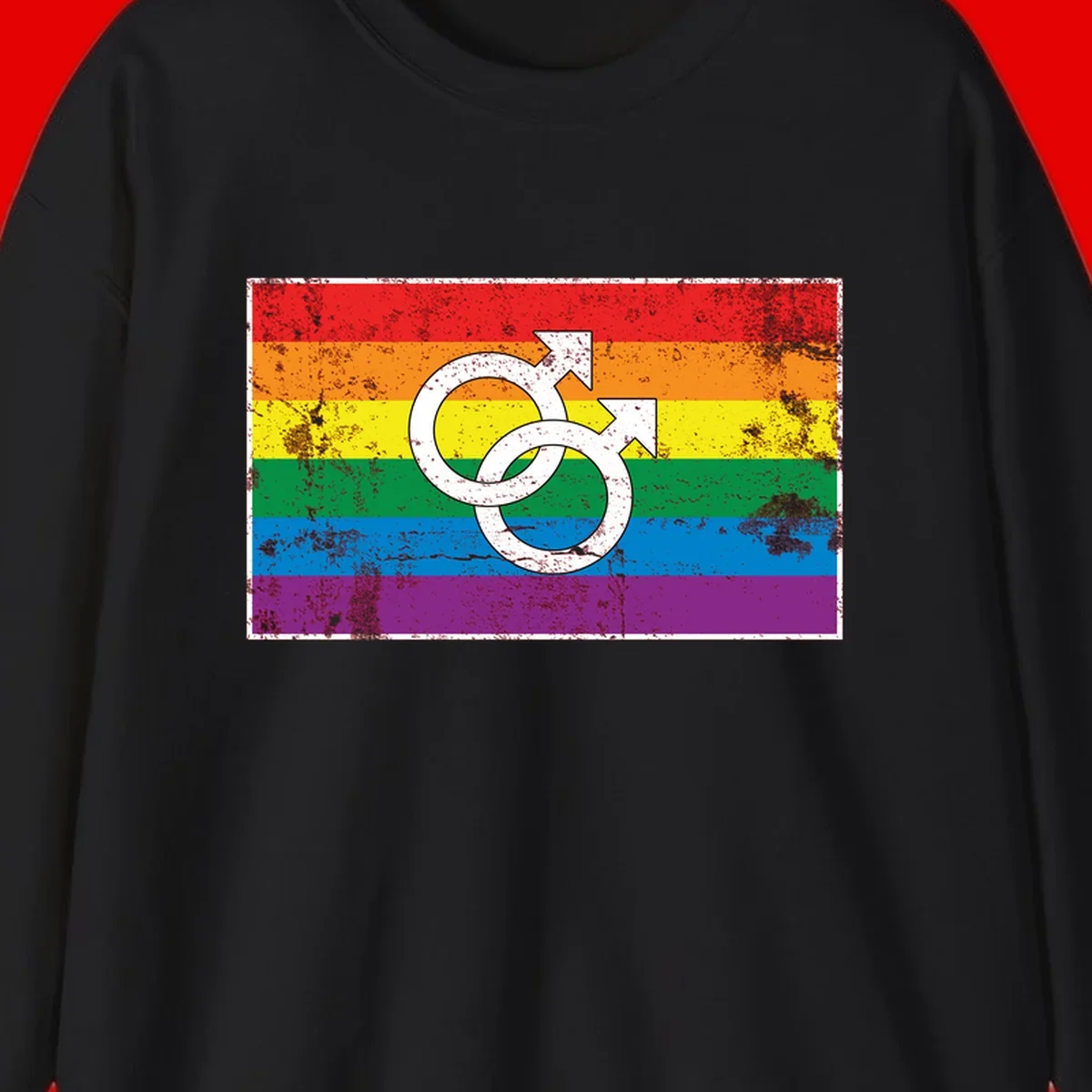 Two interlocking white male symbols overlaid on a distressed rainbow pride flag with horizontal stripes