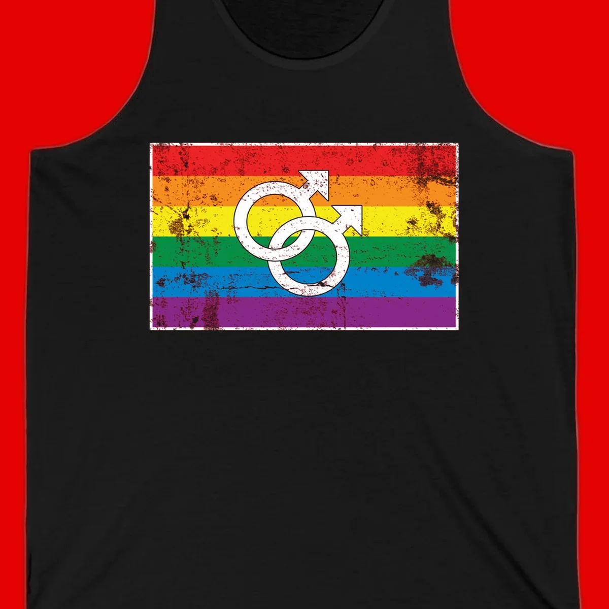 Two interlocking white male symbols overlaid on a distressed rainbow pride flag with horizontal stripes
