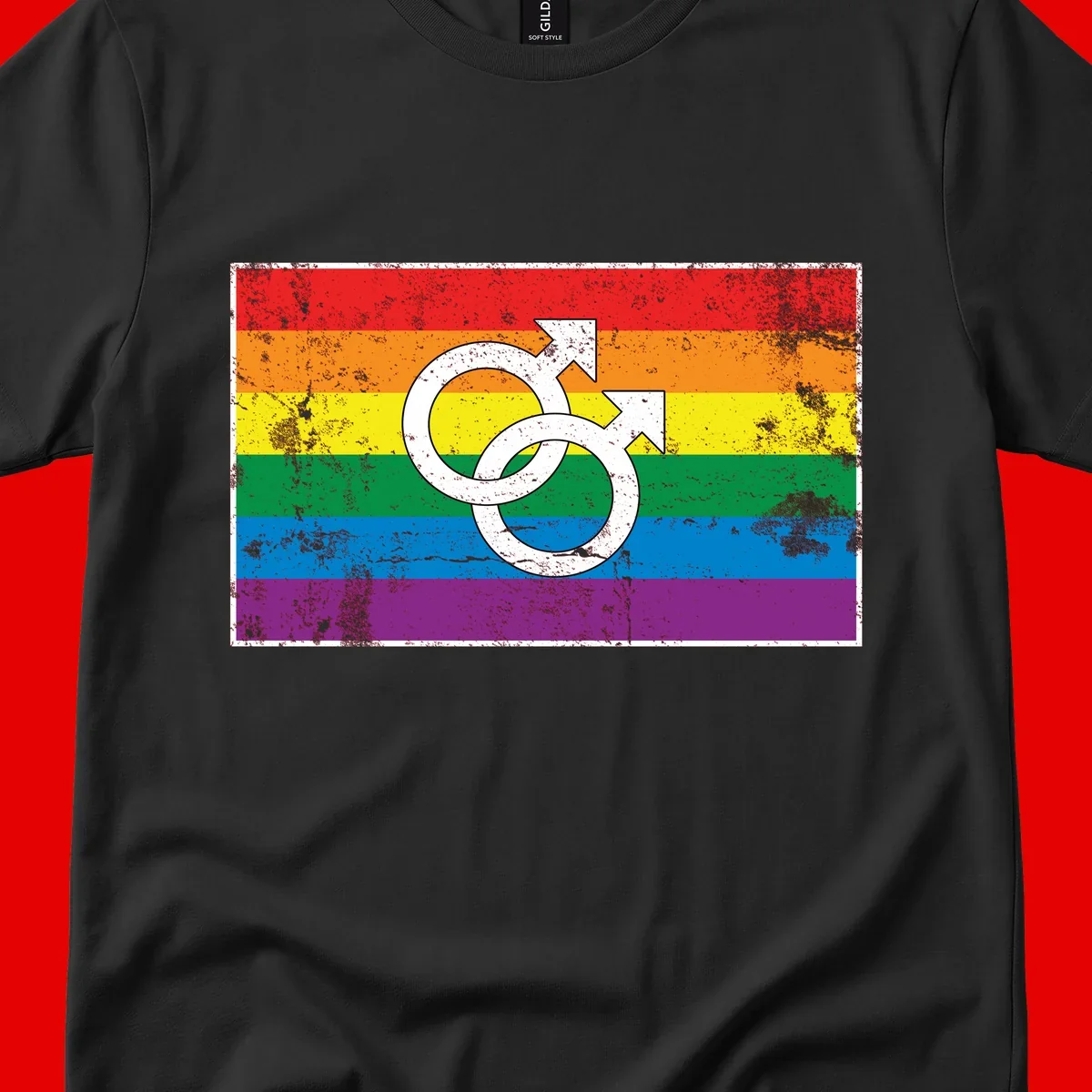 Two interlocking white male symbols overlaid on a distressed rainbow pride flag with horizontal stripes