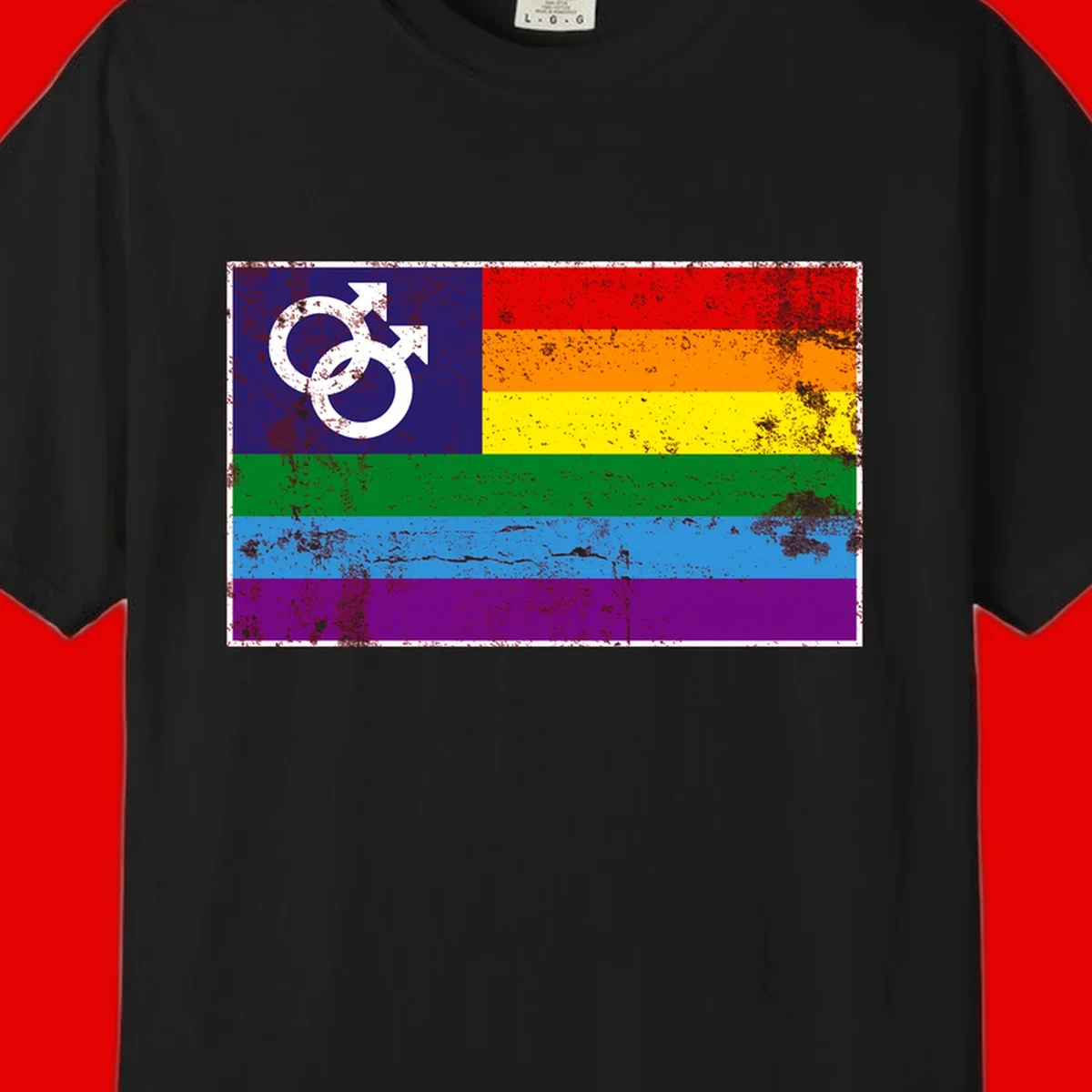 Distressed rainbow pride flag with interlocking male and female gender symbol in white on dark blue section