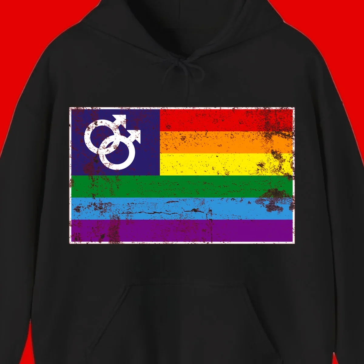 Distressed rainbow pride flag with interlocking male and female gender symbol in white on dark blue section