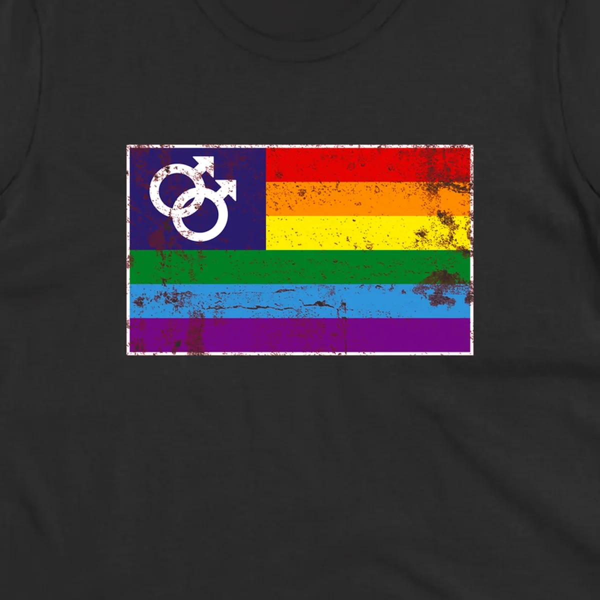 Distressed rainbow pride flag with interlocking male and female gender symbol in white on dark blue section