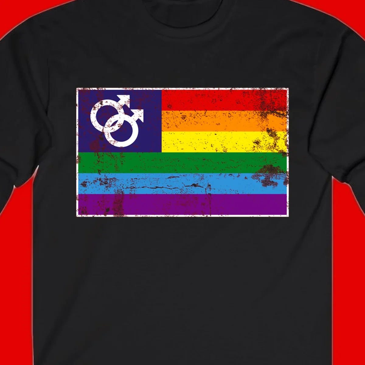 Distressed rainbow pride flag with interlocking male and female gender symbol in white on dark blue section