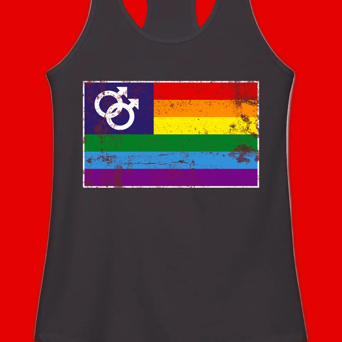 Distressed rainbow pride flag with interlocking male and female gender symbol in white on dark blue section
