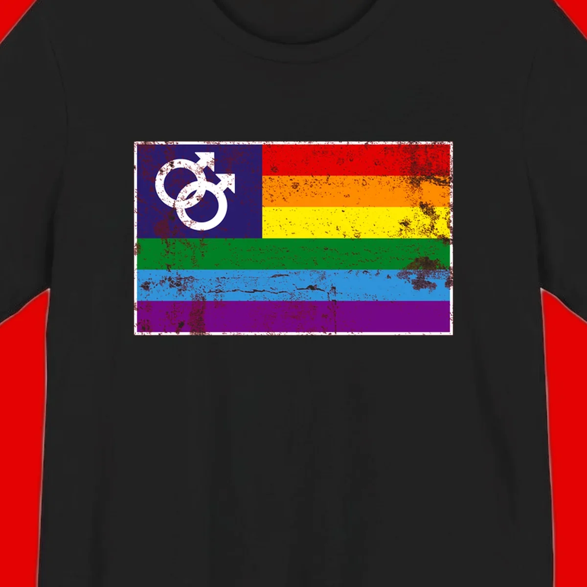 Distressed rainbow pride flag with interlocking male and female gender symbol in white on dark blue section