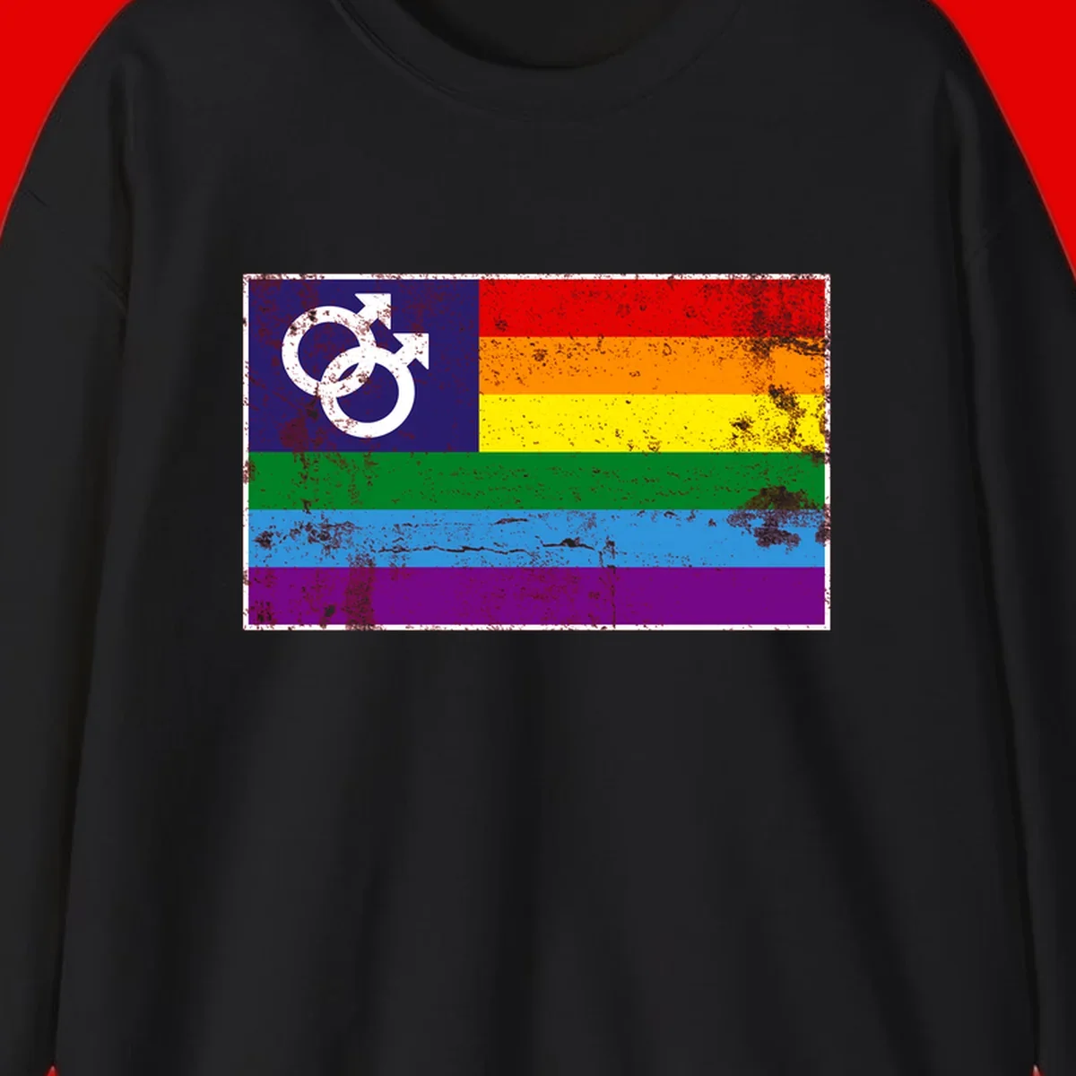 Distressed rainbow pride flag with interlocking male and female gender symbol in white on dark blue section