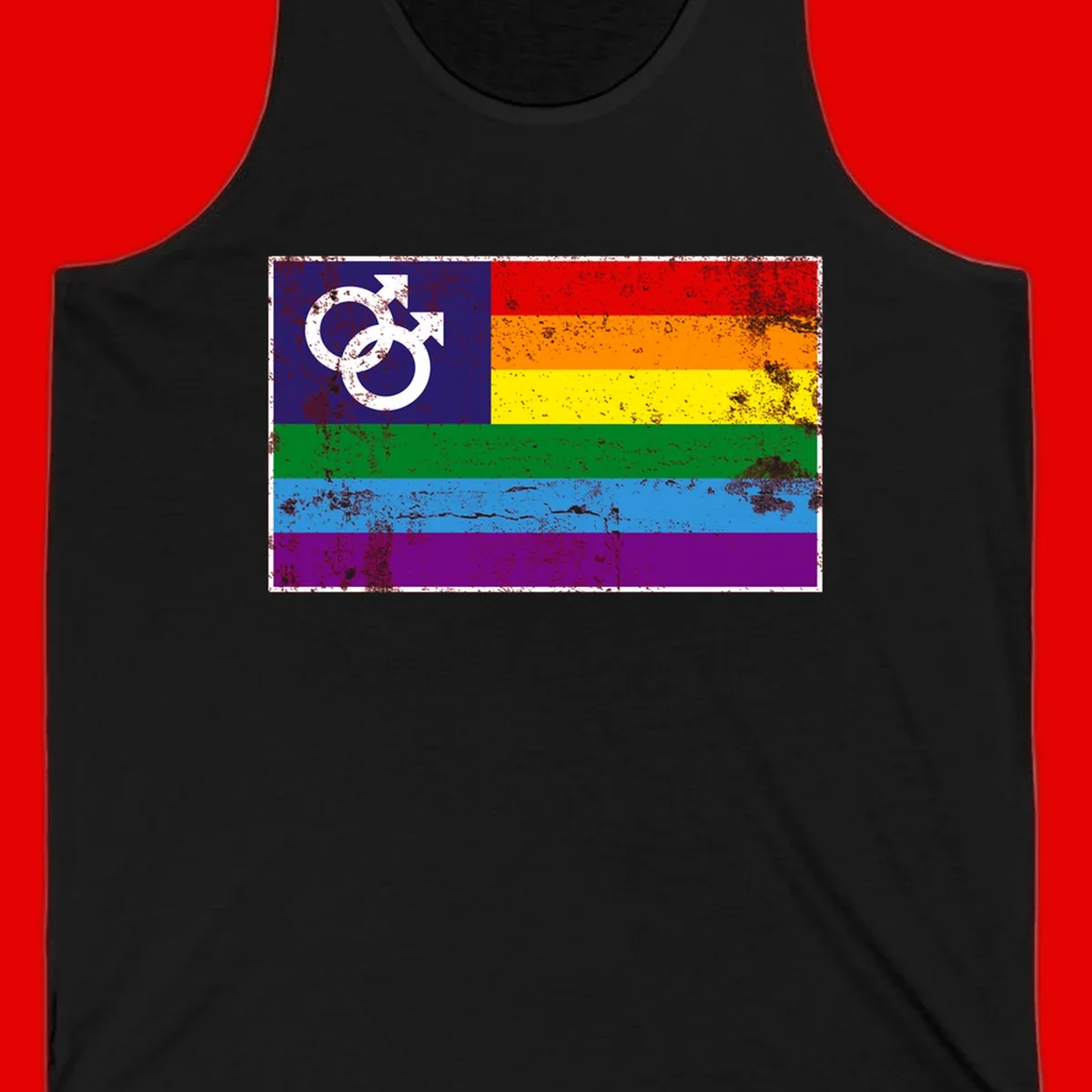 Distressed rainbow pride flag with interlocking male and female gender symbol in white on dark blue section