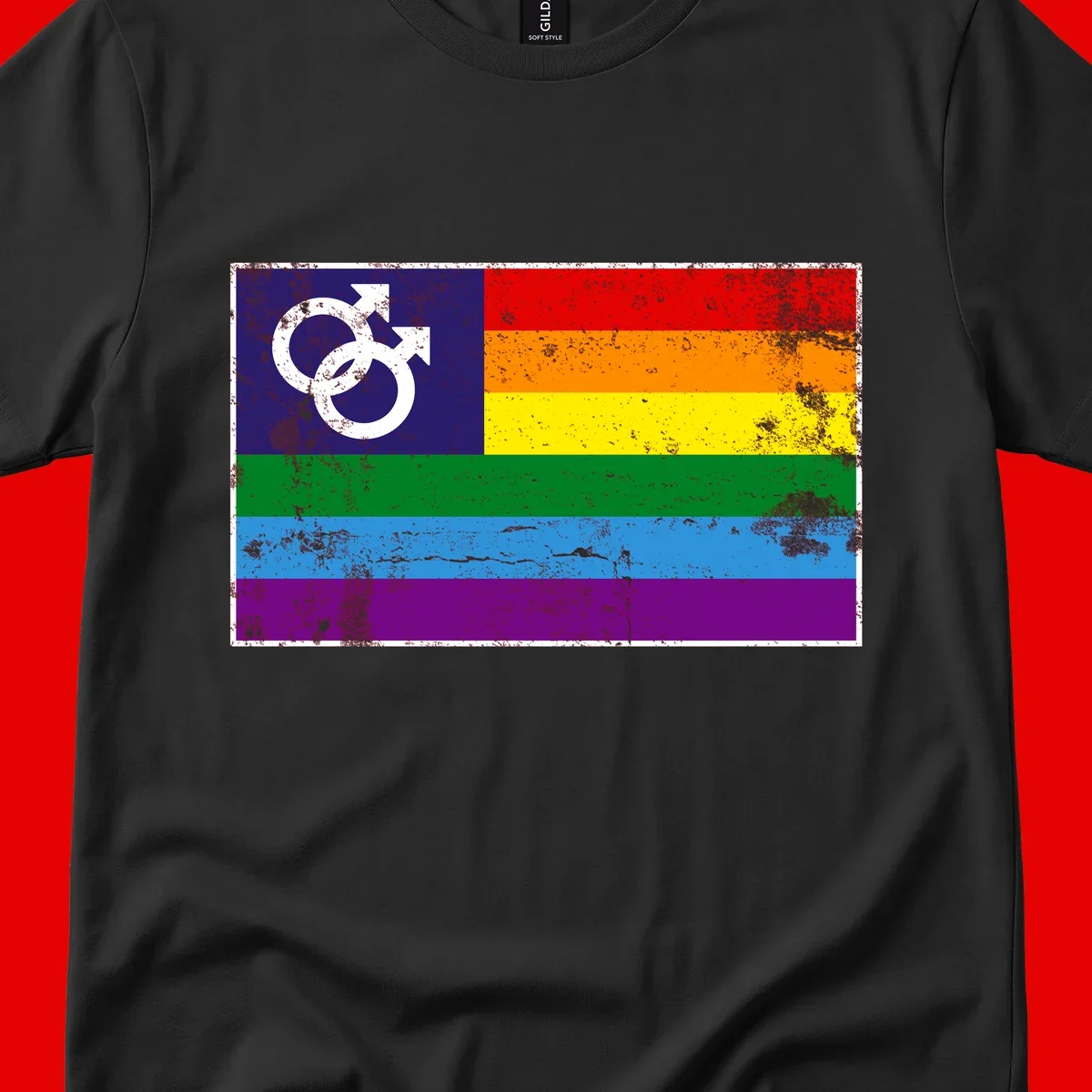 Distressed rainbow pride flag with interlocking male and female gender symbol in white on dark blue section