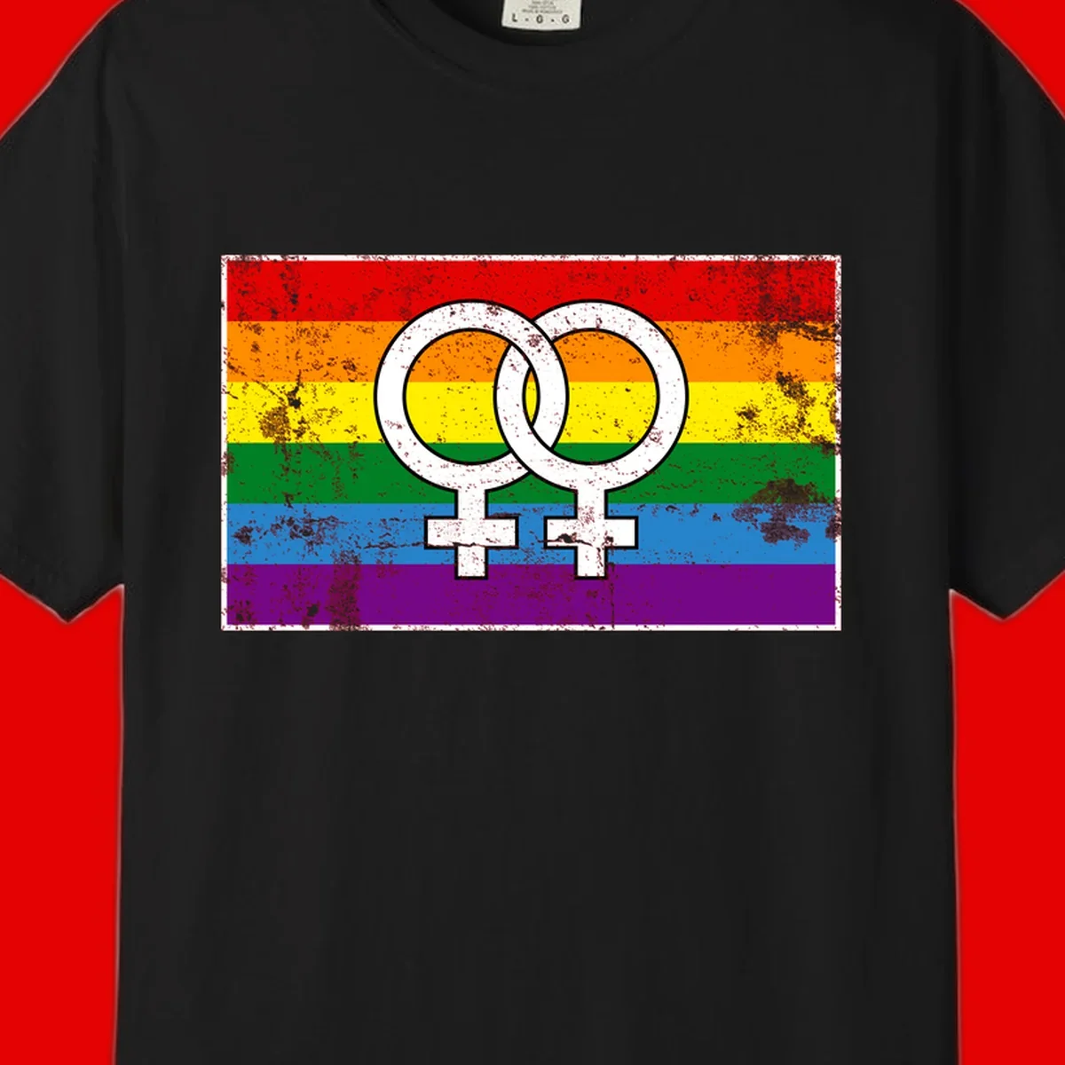 Two interlocking white female symbols on a distressed rainbow pride flag background representing lesbian pride and LGBTQ+ community