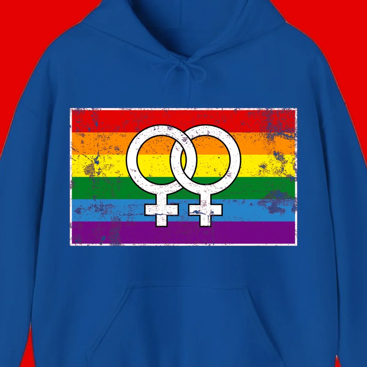 Two interlocking white female symbols on a distressed rainbow pride flag background representing lesbian pride and LGBTQ+ community