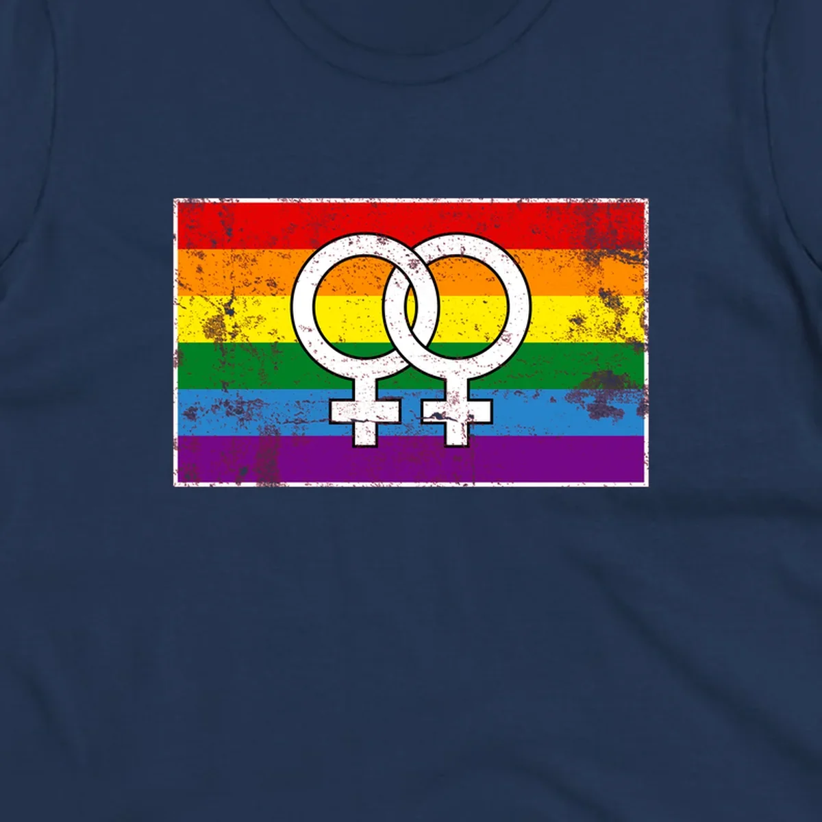 Two interlocking white female symbols on a distressed rainbow pride flag background representing lesbian pride and LGBTQ+ community