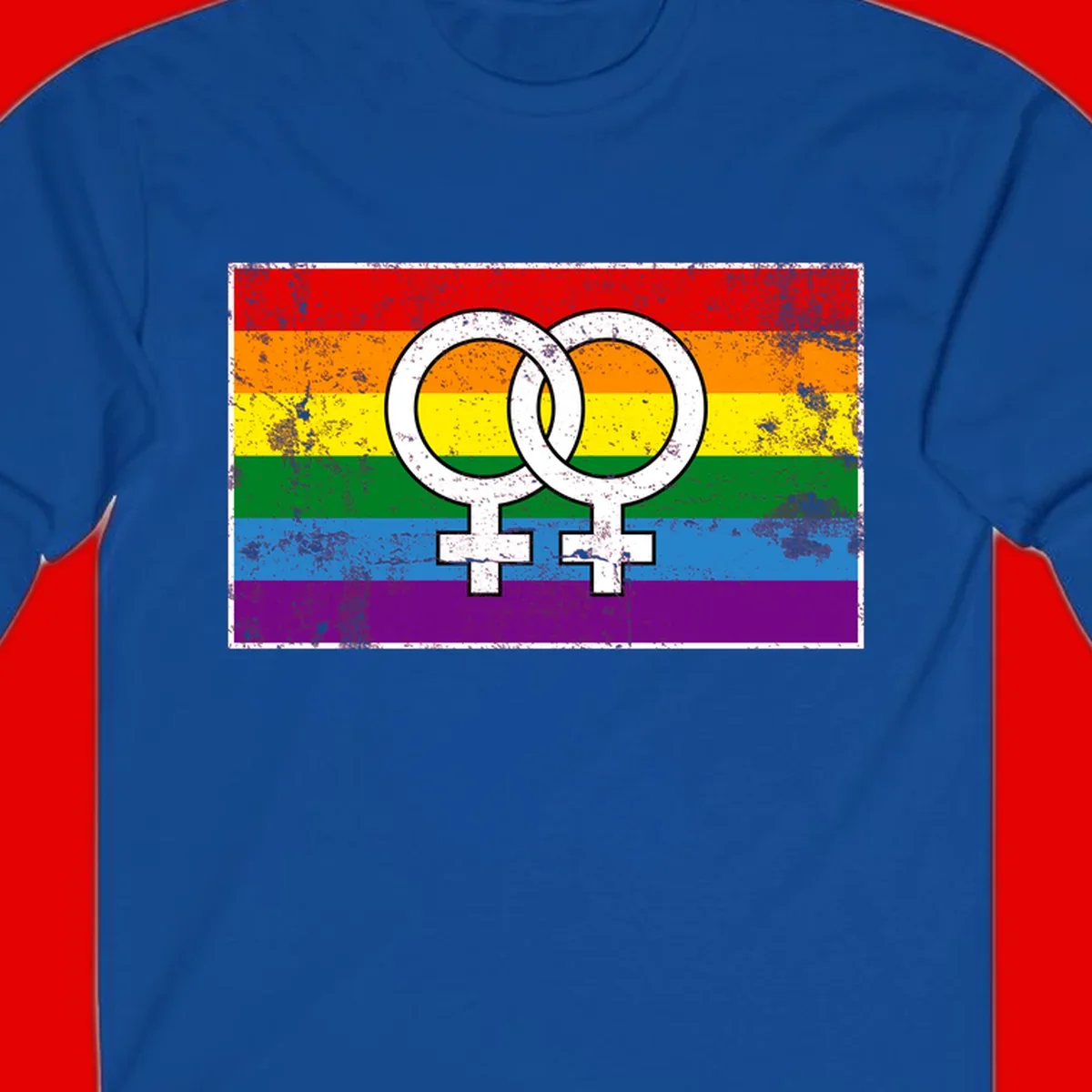 Two interlocking white female symbols on a distressed rainbow pride flag background representing lesbian pride and LGBTQ+ community