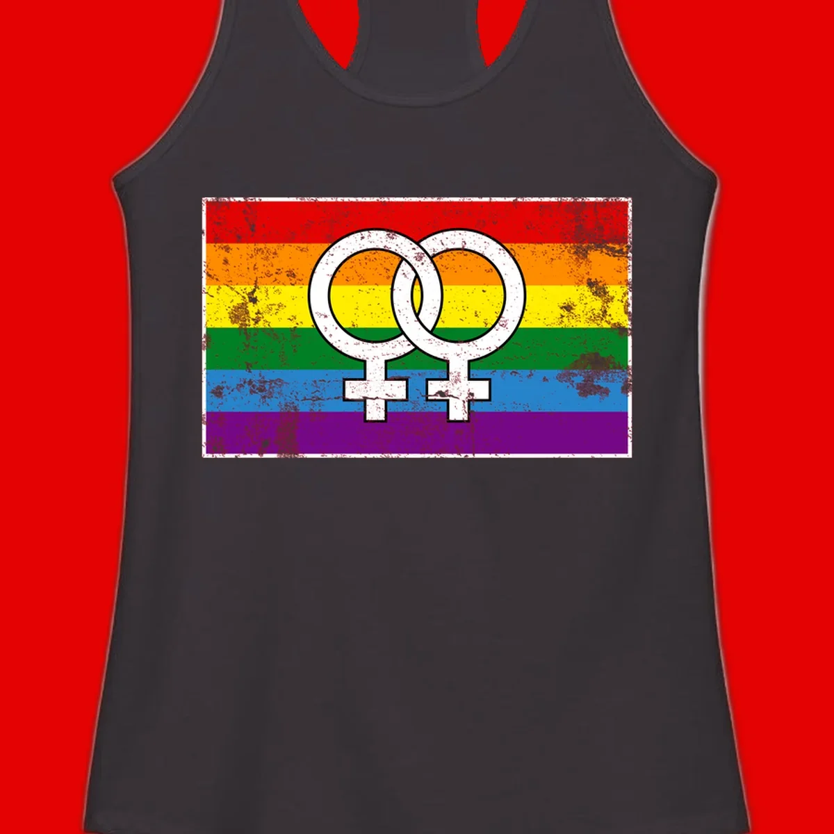 Two interlocking white female symbols on a distressed rainbow pride flag background representing lesbian pride and LGBTQ+ community