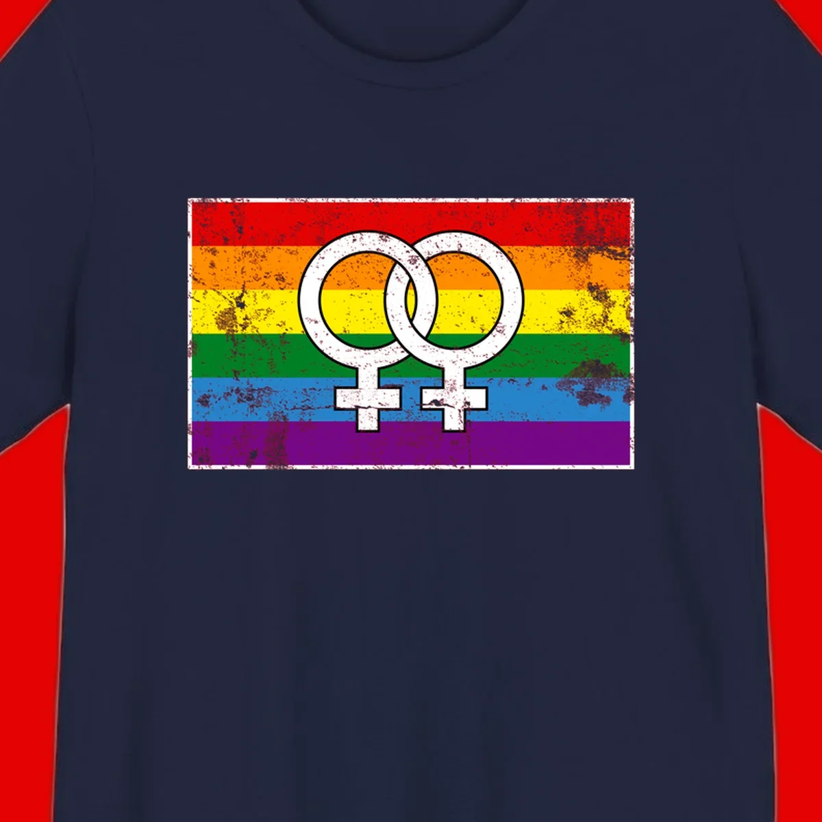 Two interlocking white female symbols on a distressed rainbow pride flag background representing lesbian pride and LGBTQ+ community