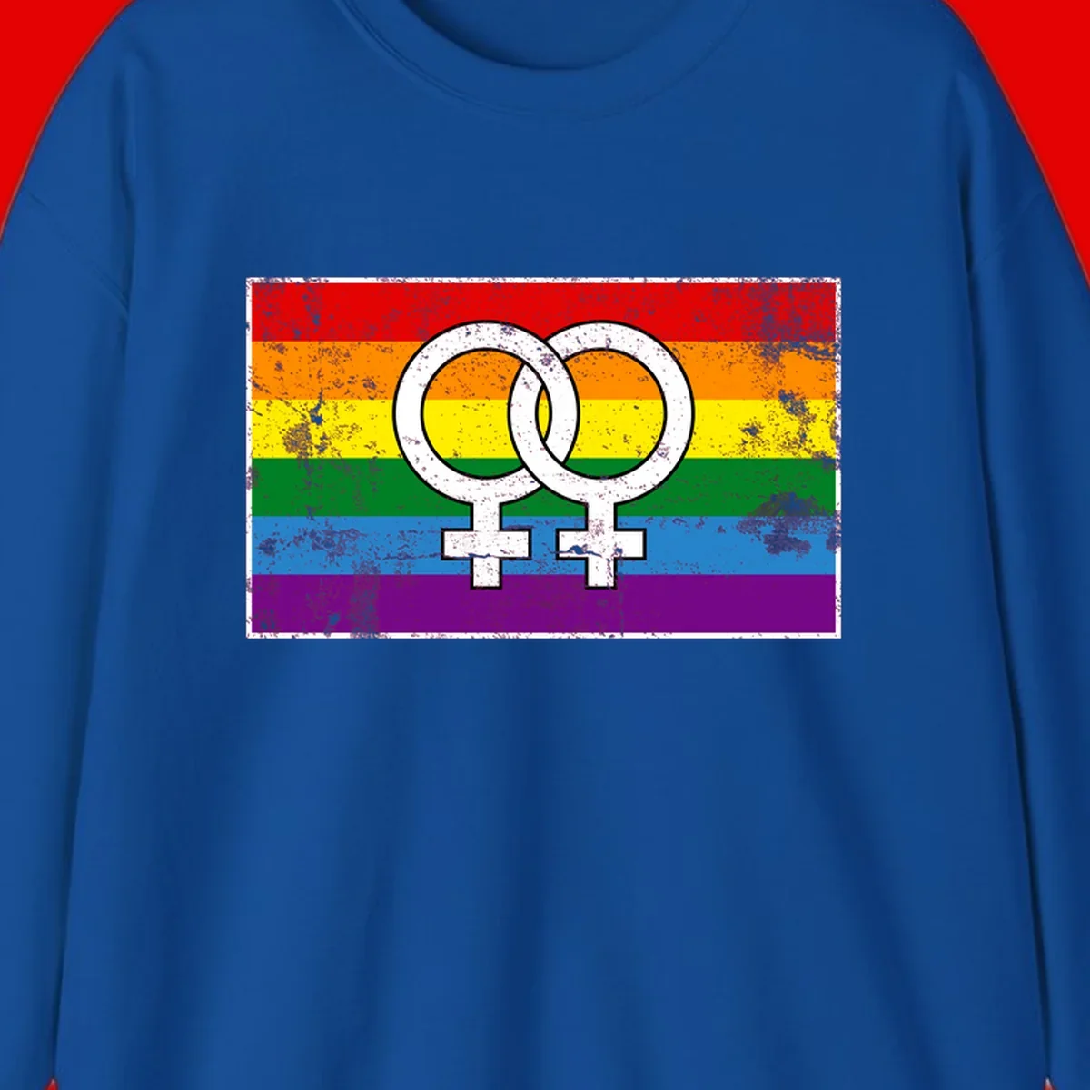 Two interlocking white female symbols on a distressed rainbow pride flag background representing lesbian pride and LGBTQ+ community