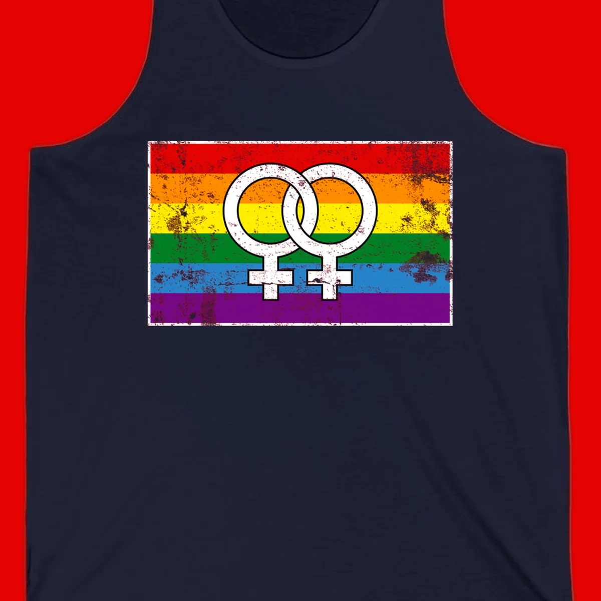Two interlocking white female symbols on a distressed rainbow pride flag background representing lesbian pride and LGBTQ+ community