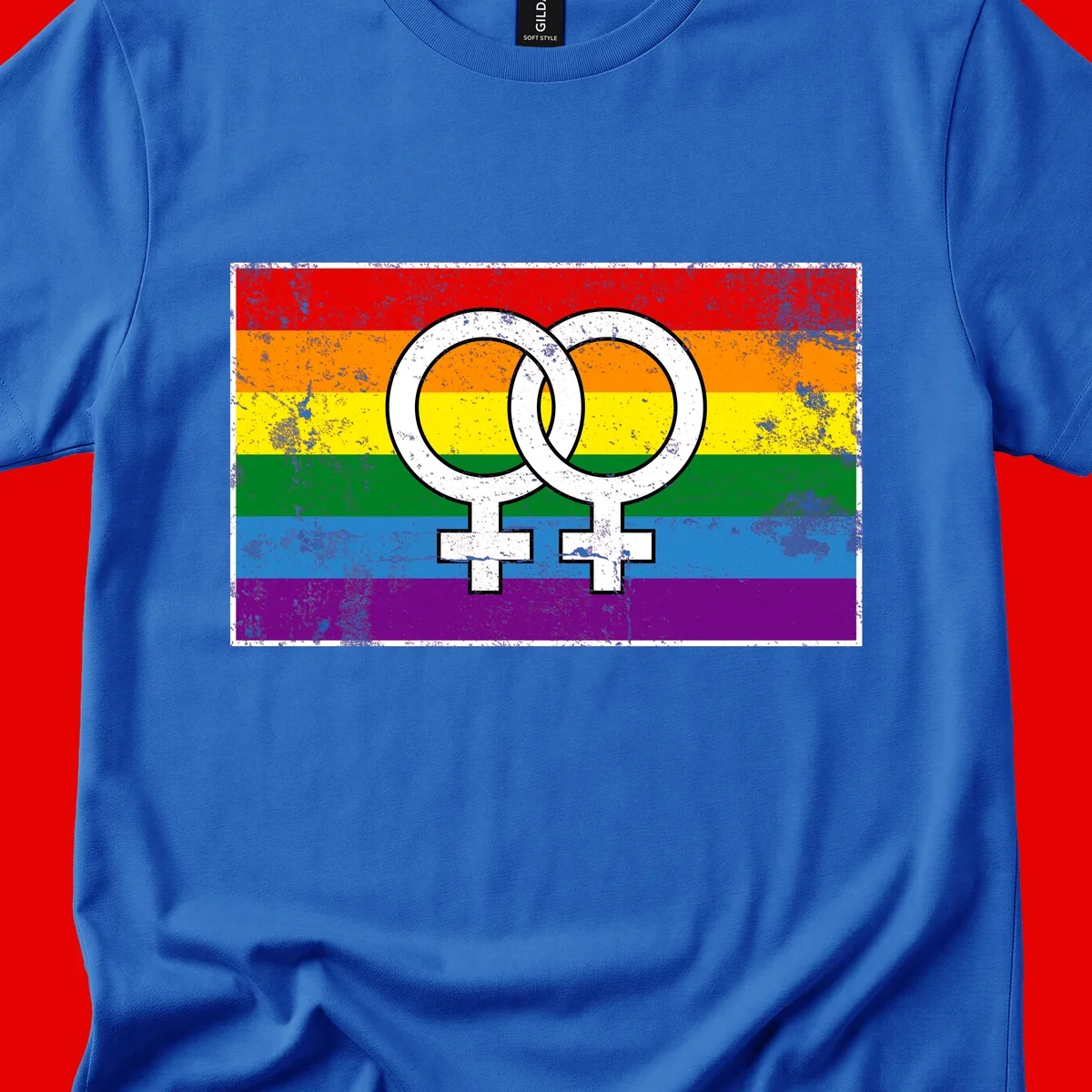 Two interlocking white female symbols on a distressed rainbow pride flag background representing lesbian pride and LGBTQ+ community