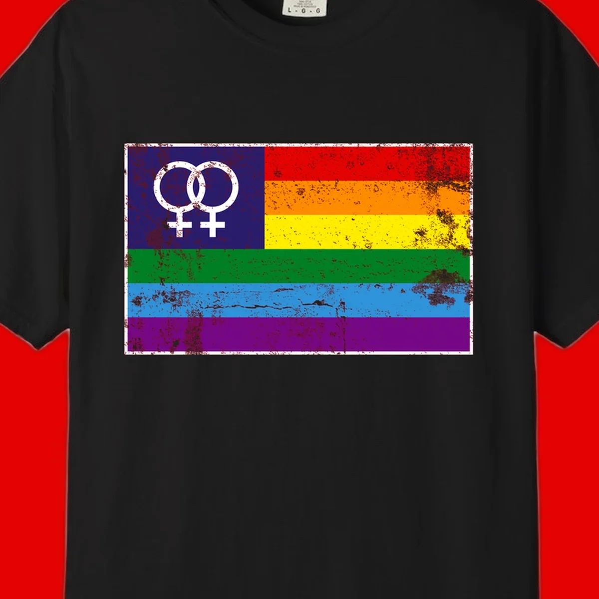 Lesbian pride flag with two interlocking female symbols on distressed background, rainbow stripes design