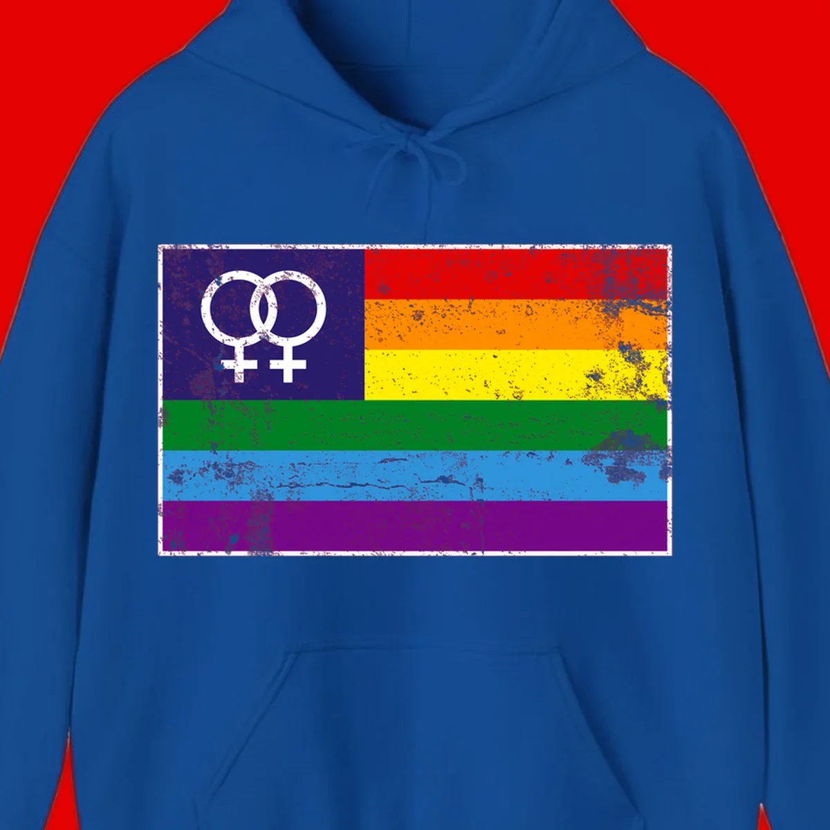 Lesbian pride flag with two interlocking female symbols on distressed background, rainbow stripes design