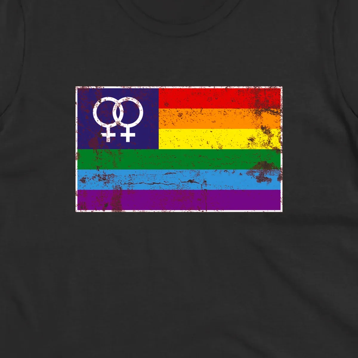 Lesbian pride flag with two interlocking female symbols on distressed background, rainbow stripes design