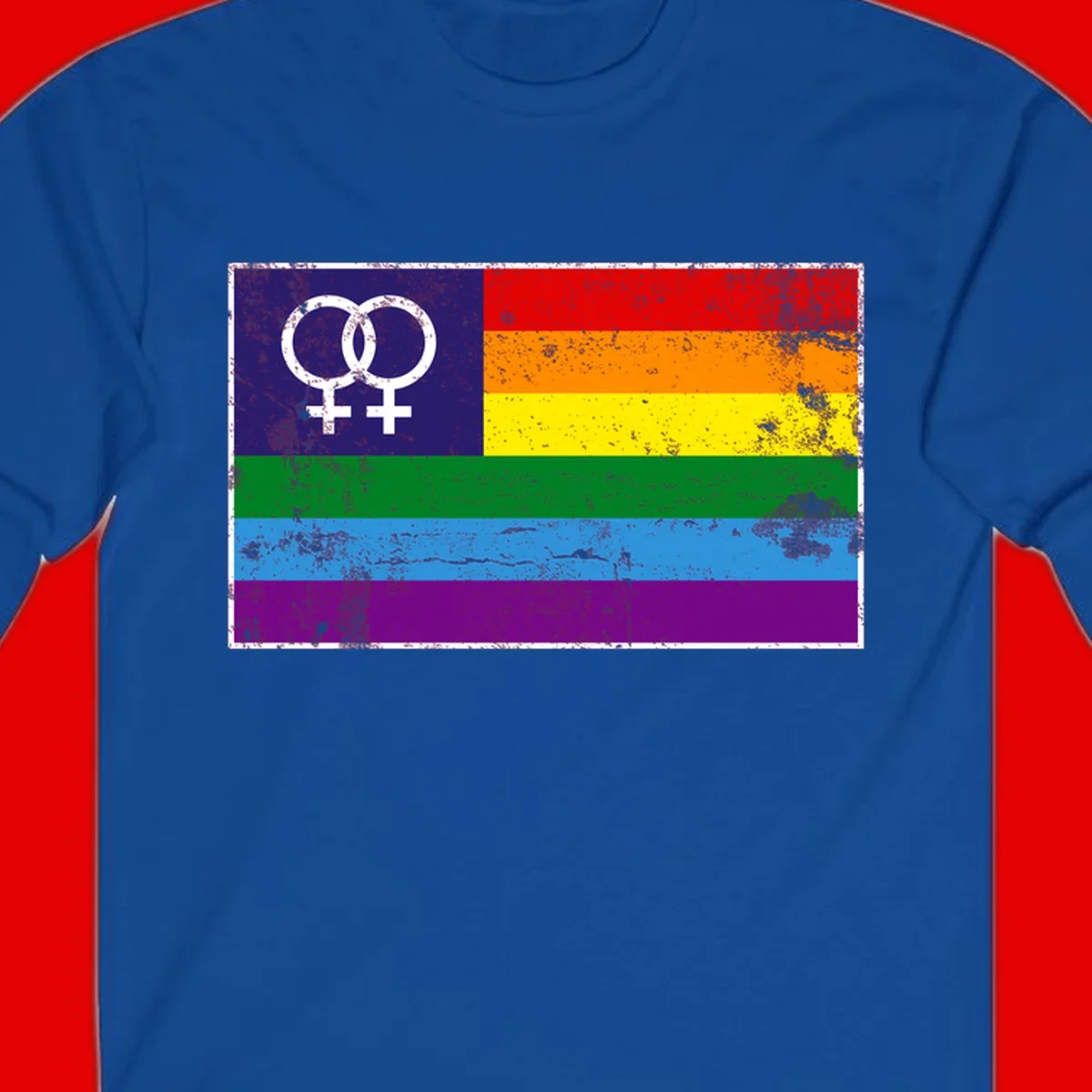 Lesbian pride flag with two interlocking female symbols on distressed background, rainbow stripes design