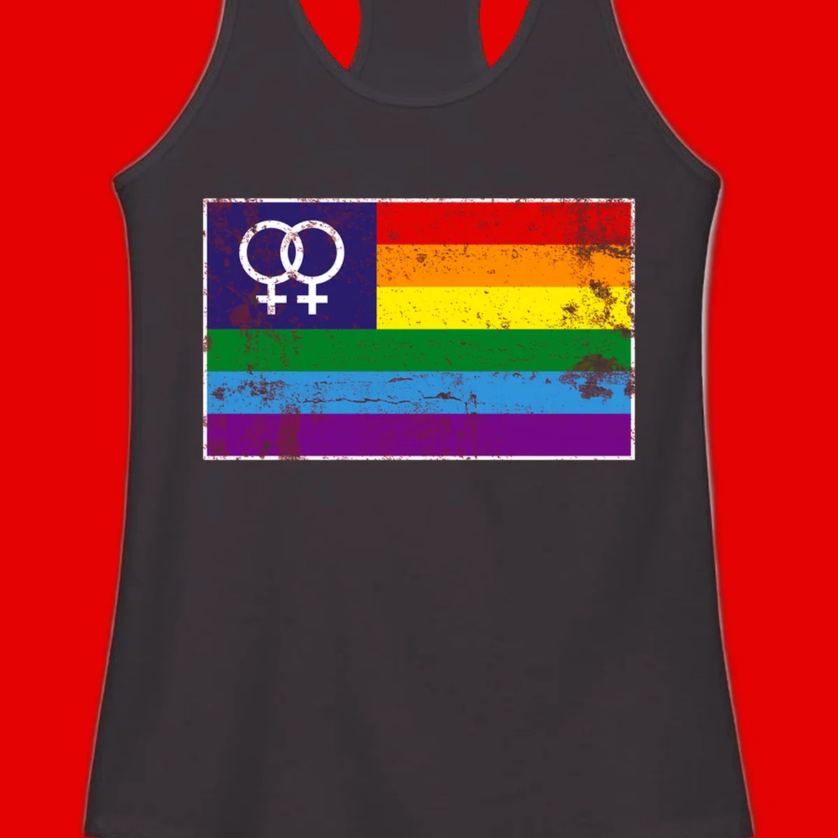 Lesbian pride flag with two interlocking female symbols on distressed background, rainbow stripes design