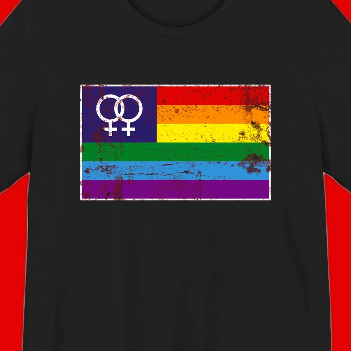 Lesbian pride flag with two interlocking female symbols on distressed background, rainbow stripes design