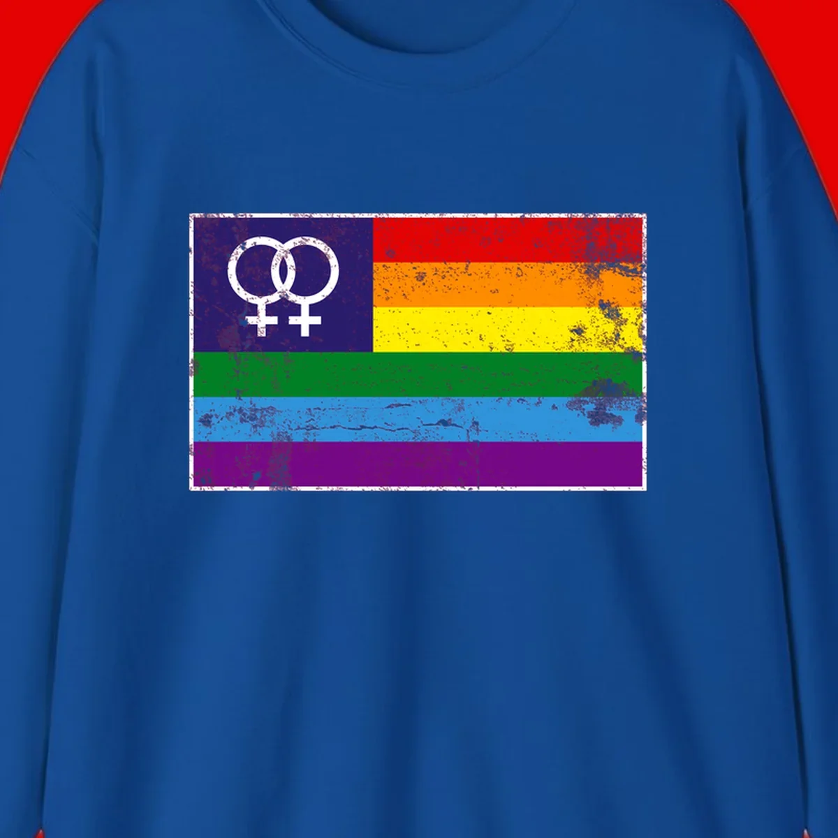 Lesbian pride flag with two interlocking female symbols on distressed background, rainbow stripes design