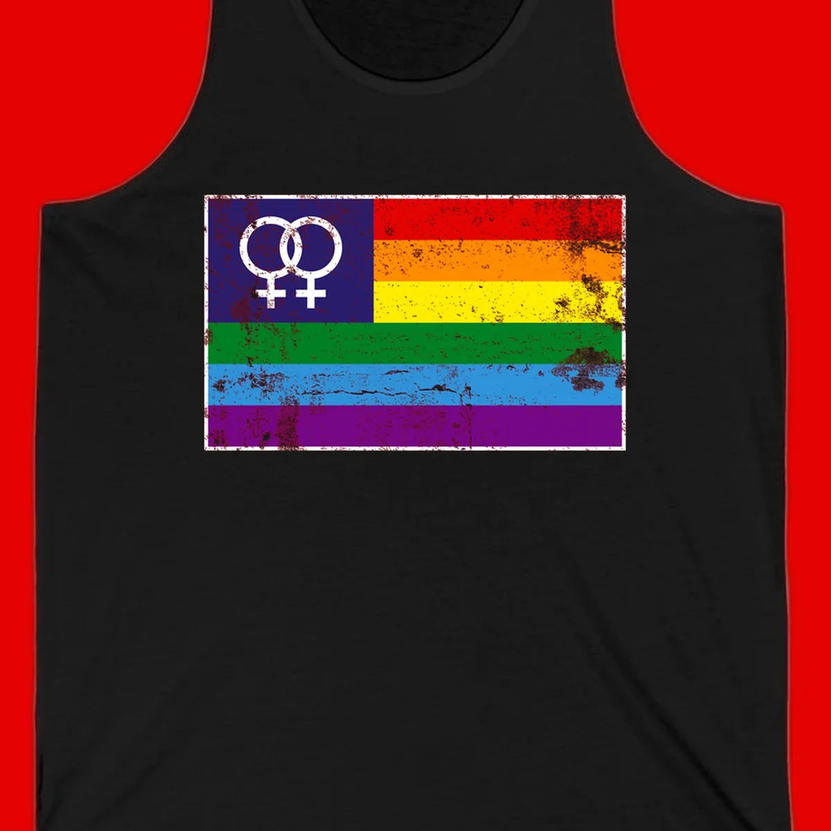 Lesbian pride flag with two interlocking female symbols on distressed background, rainbow stripes design