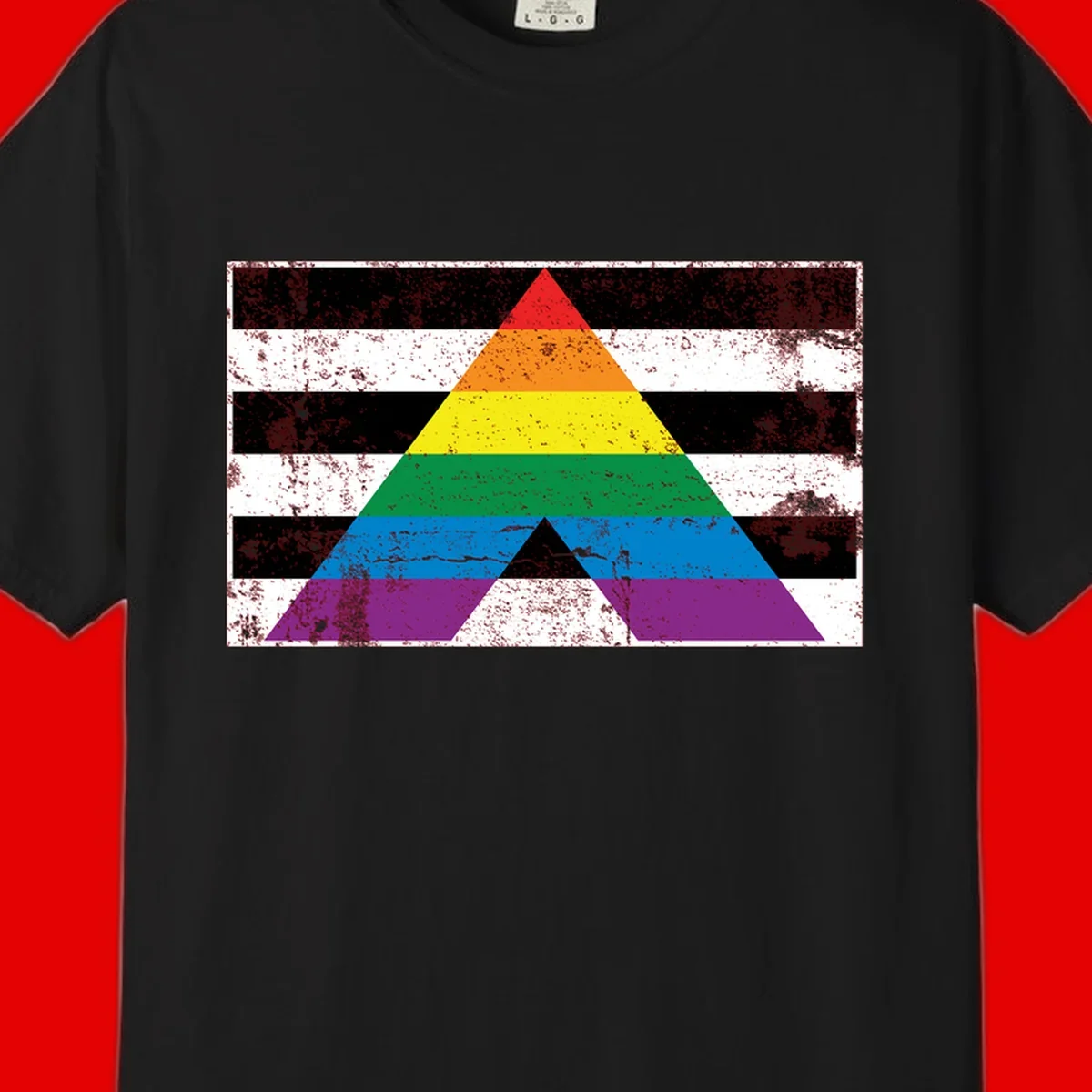 Rainbow pride pyramid with horizontal stripes on distressed black and white background
