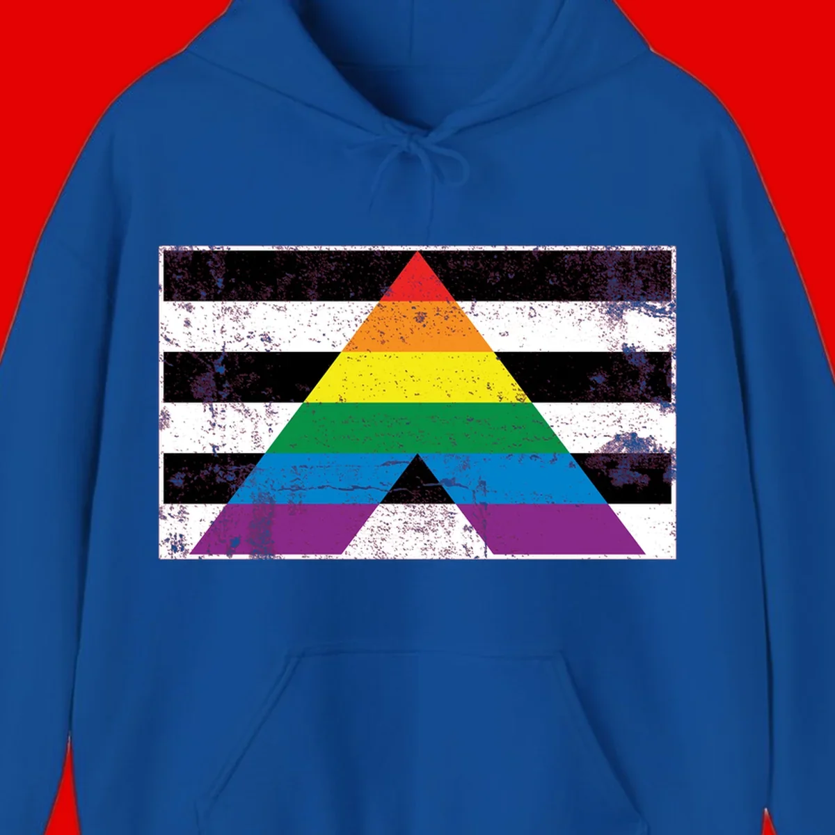 Rainbow pride pyramid with horizontal stripes on distressed black and white background