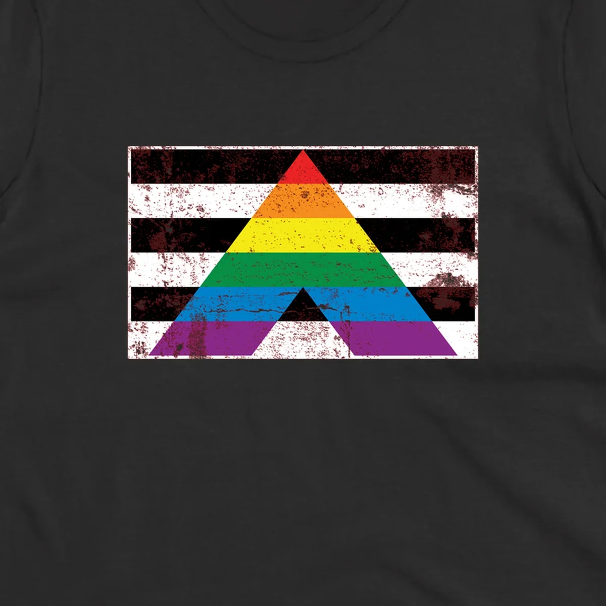 Rainbow pride pyramid with horizontal stripes on distressed black and white background