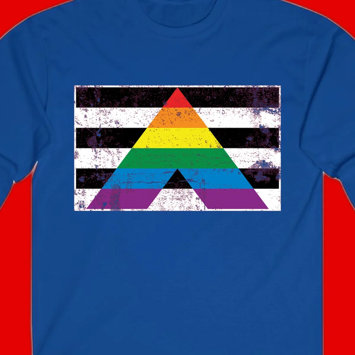 Rainbow pride pyramid with horizontal stripes on distressed black and white background