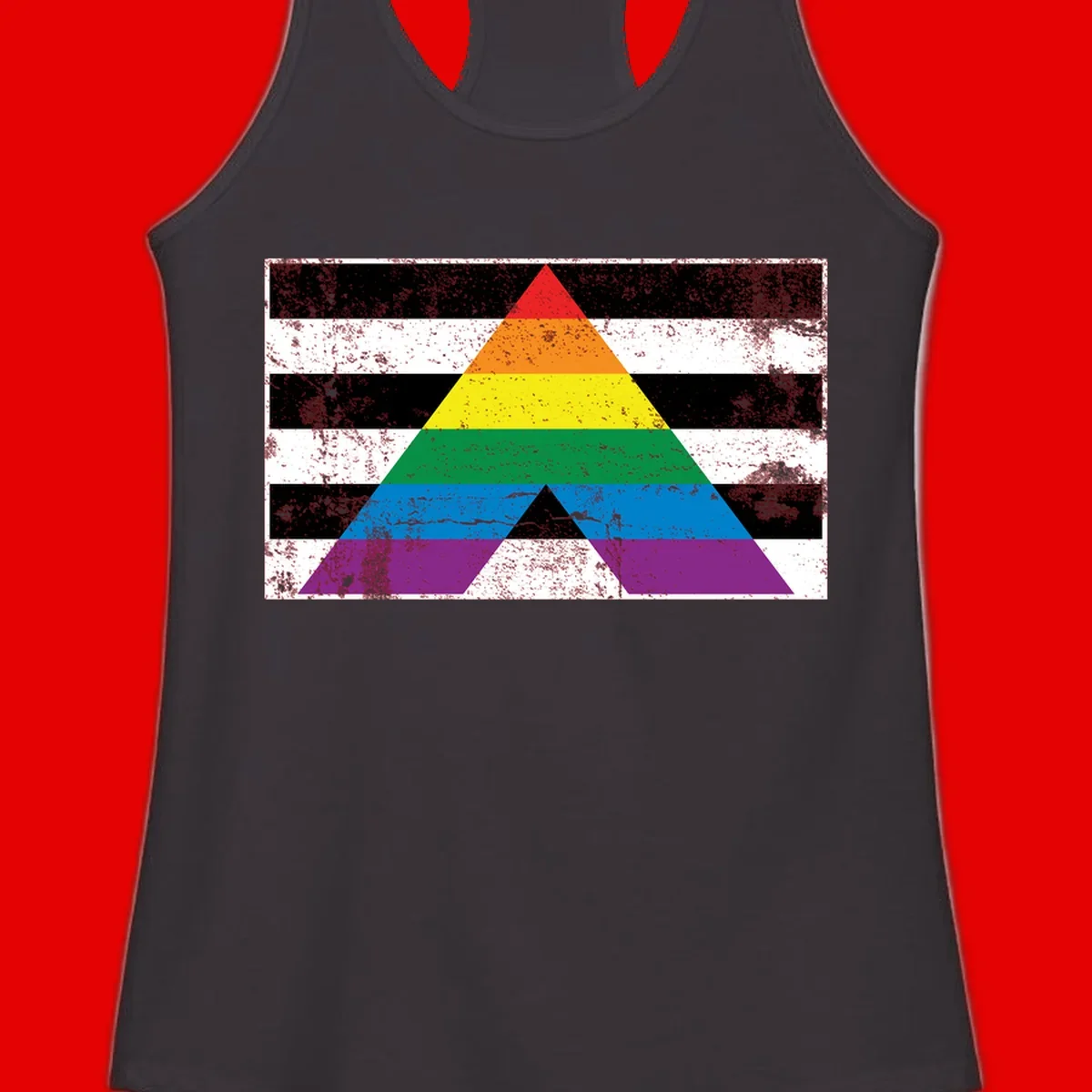 Rainbow pride pyramid with horizontal stripes on distressed black and white background
