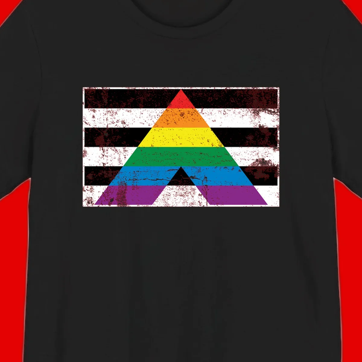 Rainbow pride pyramid with horizontal stripes on distressed black and white background