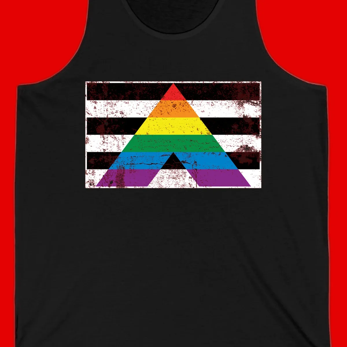 Rainbow pride pyramid with horizontal stripes on distressed black and white background