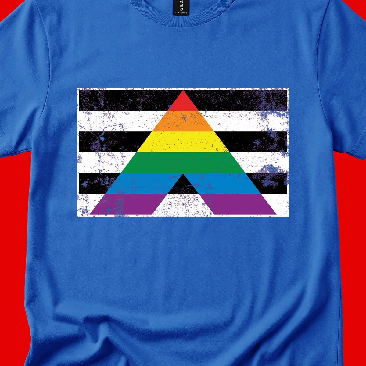 Rainbow pride pyramid with horizontal stripes on distressed black and white background