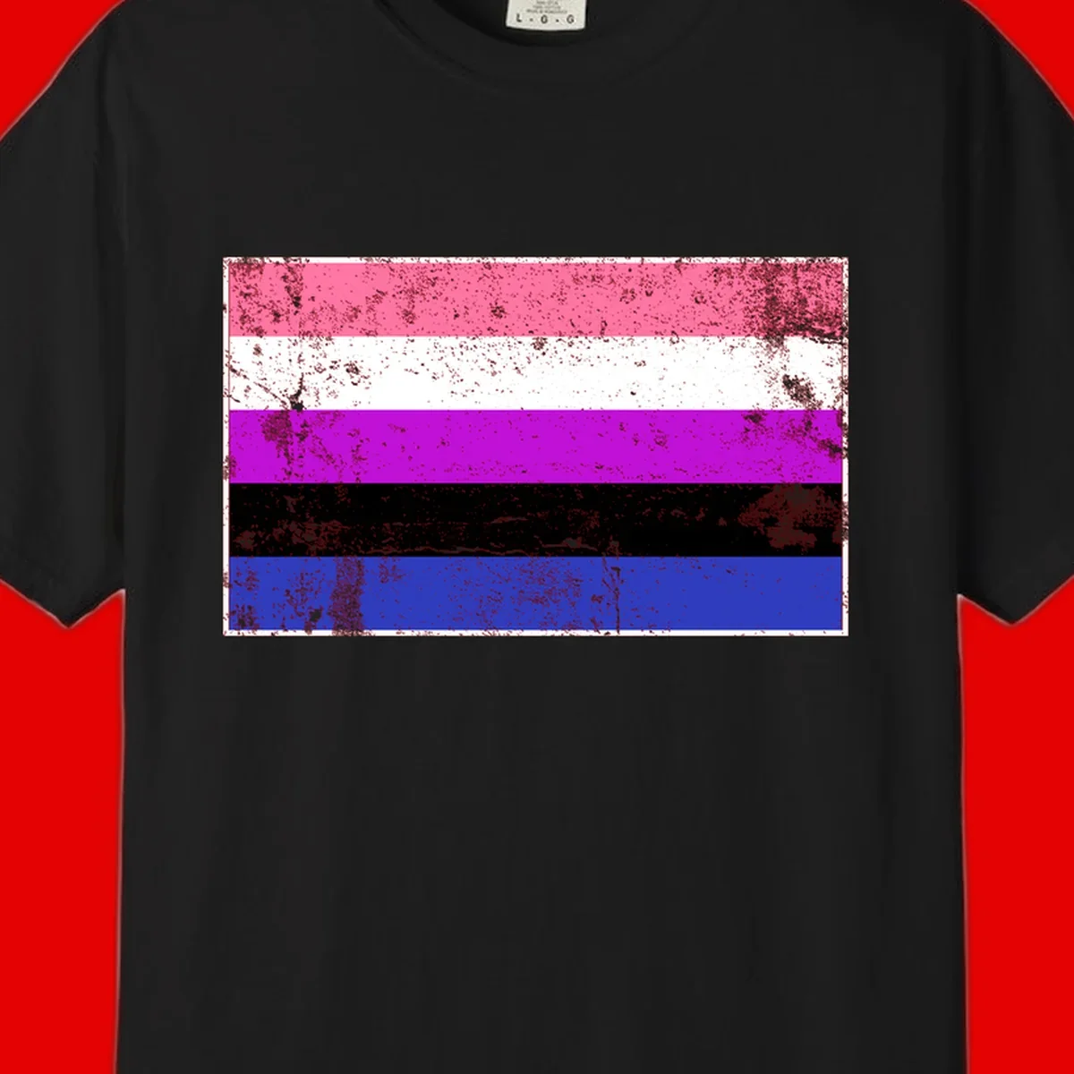 Genderqueer pride flag with horizontal stripes in hot pink, white, magenta, black, and blue featuring distressed grunge texture