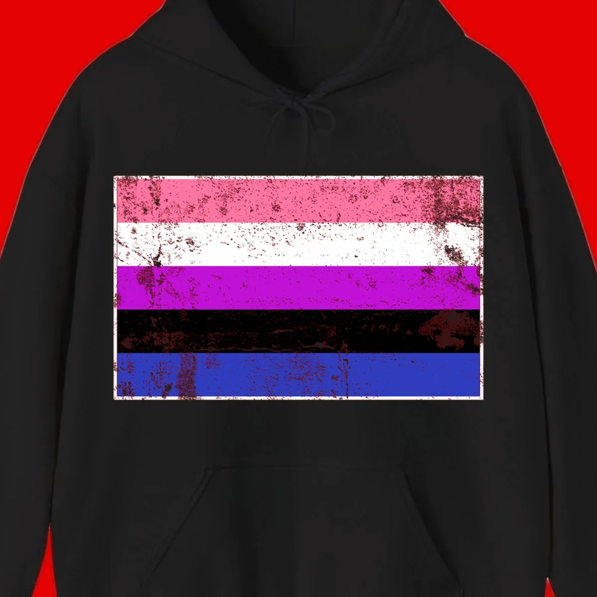 Genderqueer pride flag with horizontal stripes in hot pink, white, magenta, black, and blue featuring distressed grunge texture