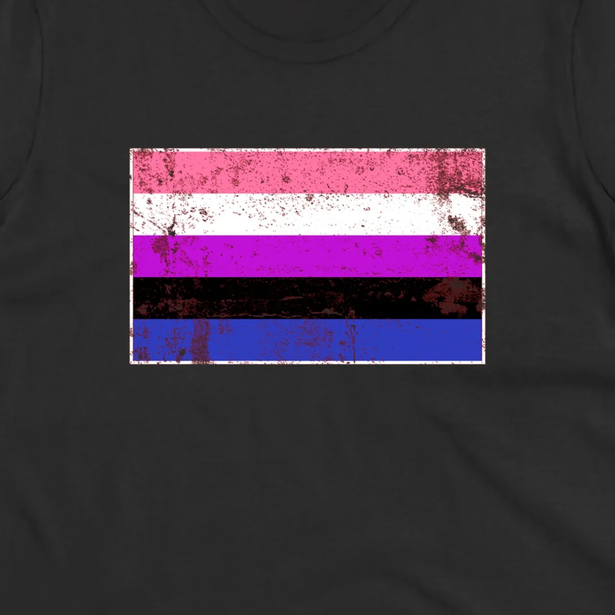 Genderqueer pride flag with horizontal stripes in hot pink, white, magenta, black, and blue featuring distressed grunge texture