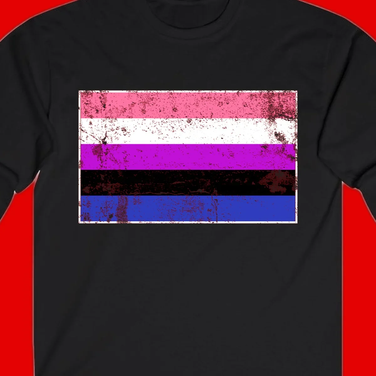 Genderqueer pride flag with horizontal stripes in hot pink, white, magenta, black, and blue featuring distressed grunge texture