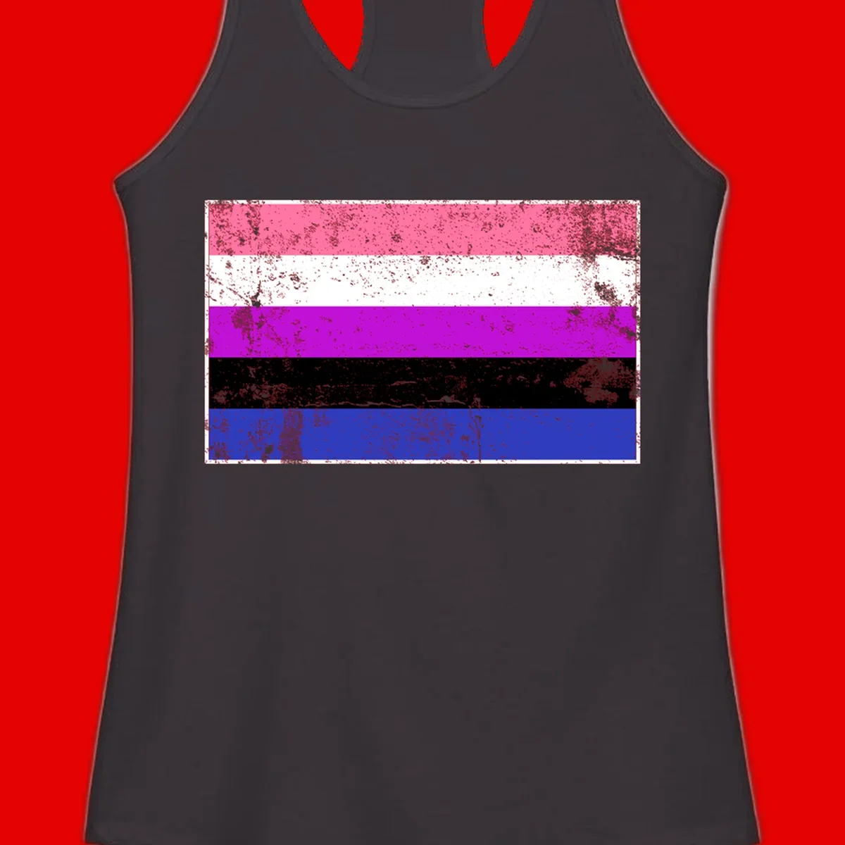 Genderqueer pride flag with horizontal stripes in hot pink, white, magenta, black, and blue featuring distressed grunge texture